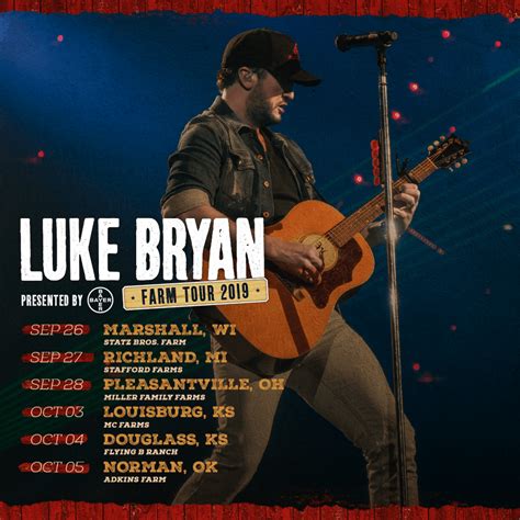 Luke brian farm tour - Luke Bryan will headline his 14th Farm Tour this September during a break from his Country On Tour launching June 15th. The Georgia native will set up stages in the fields of local farms September 14-23. Special guests will be announced at a later time. Tickets are on sale May 4th at 10 am local time at LukeBryan.com. Pre-sales start May 1st.